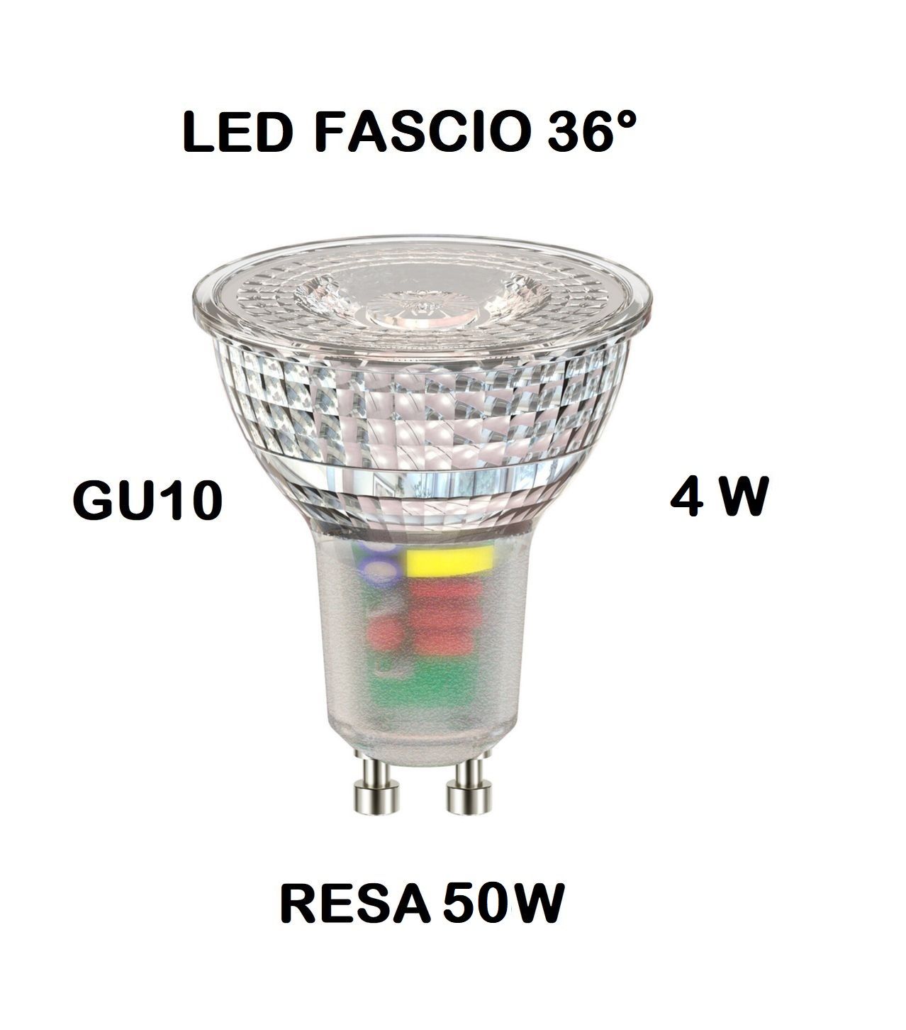 LAMPADINA FARETTO GU10 LED 4W (RESA 50W) LUCE BIANCO CALDA 3000K APERTURA 36° TUTTO VETRO ALL GLASS