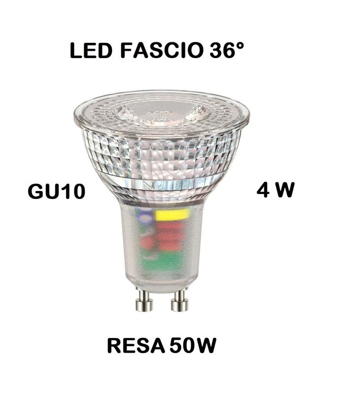 LAMPADINA FARETTO GU10 LED 4W (RESA 50W) LUCE BIANCO CALDA 3000K APERTURA 36° TUTTO VETRO ALL GLASS