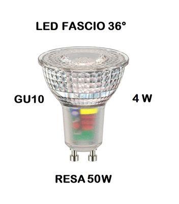 LAMPADINA FARETTO GU10 LED 4W (RESA 50W) LUCE BIANCO CALDA 3000K APERTURA 36° TUTTO VETRO ALL GLASS