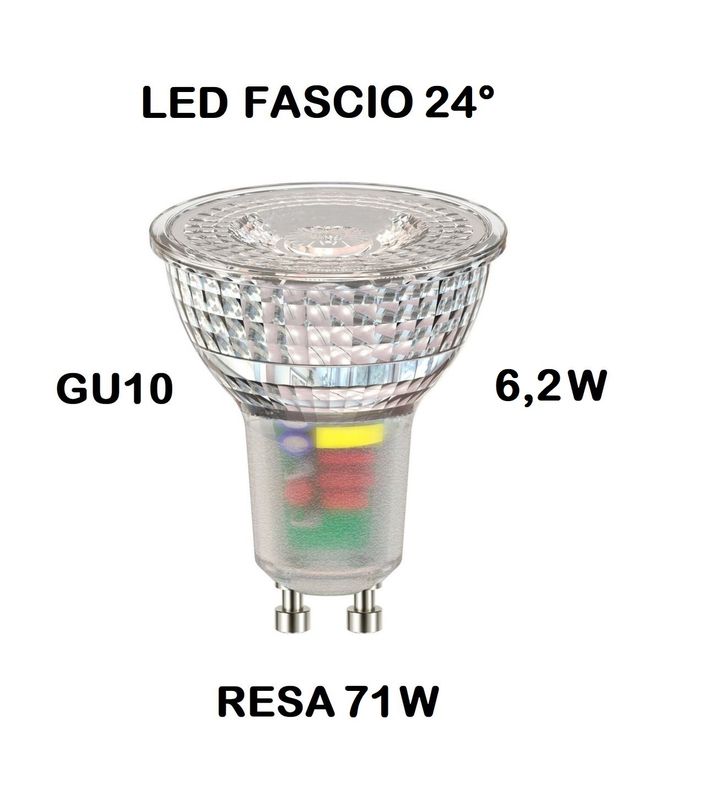 LAMPADINA FARETTO GU10 LED 6,2W (RESA 71W) LUCE BIANCO CALDA 3000K FASCIO MOLTO STRETTO 24° TUTTO VETRO ALL GLASS