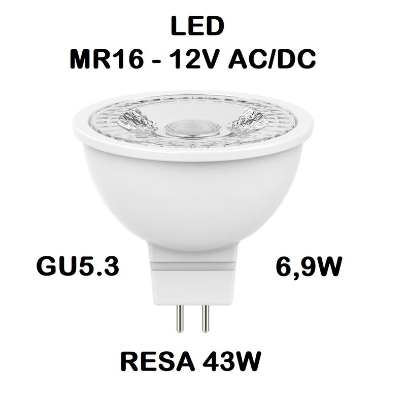 LAMPADINA FARETTO LED MR16 6,9W (RESA 43W) GU5,3 GU5.3 12V AC / DC - FASCIO LUMINISO 60° LUCE CALDA 2700K DICROICA