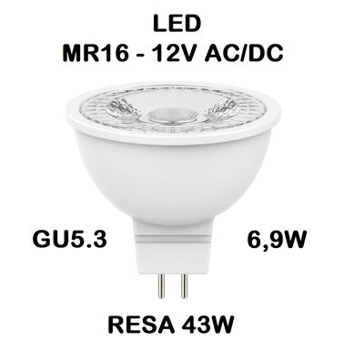 LAMPADINA FARETTO LED MR16 6,9W (RESA 43W) GU5,3 GU5.3 12V AC / DC - FASCIO LUMINISO 60° LUCE CALDA 2700K DICROICA