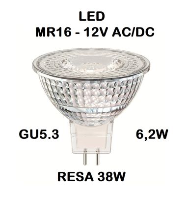 LAMPADINA FARETTO LED MR16 6,2W (RESA 38W) GU5,3 GU5.3 12V AC / DC - FASCIO LUMINISO 60° LUCE CALDA 3000K TUTTO VETRO ALL GLASS DICROICA