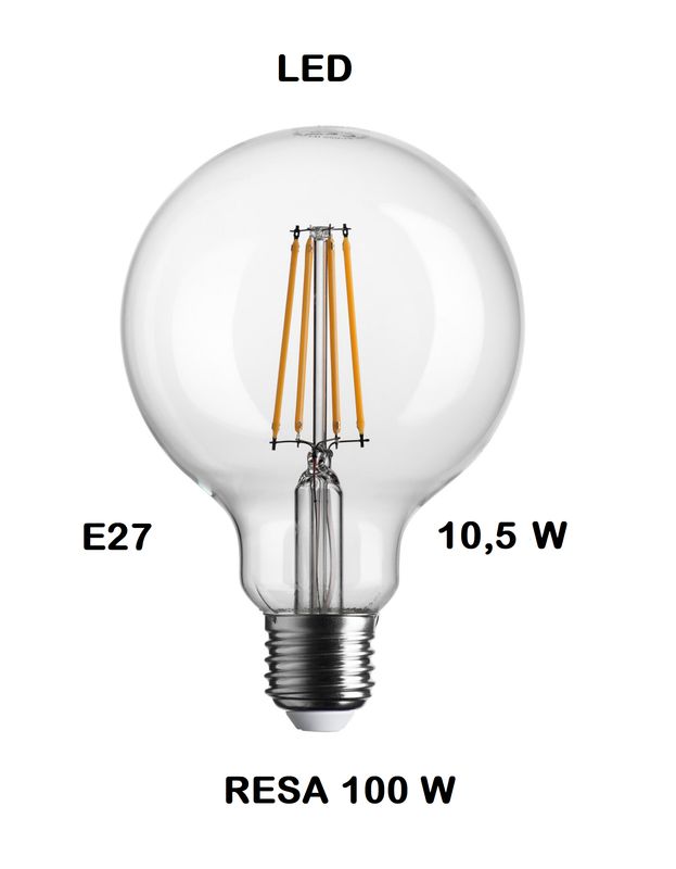 LAMPADINA LED GLOBO 95 LED STICK E27 10,5W (RESA 100W) LUCE CALDA 2700K WIRELED TRASPARENTE DIAMETRO 95mm