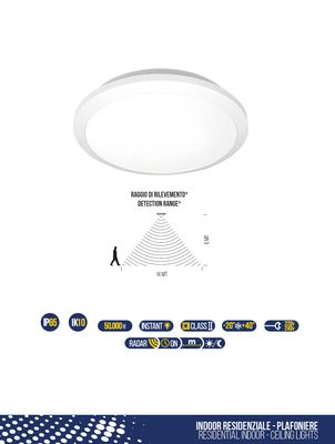PLAFONIERA LED CON RILEVATORE RADAR DI PASSAGGIO A MICROONDE 16W 1700 LUMEN IN POLICARBONATO IP65 AD ALTA RESISTENZA LUCE BIANCA 4000K TONDA