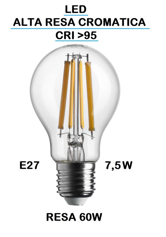 LAMPADINA LED GOCCIA / PERA LED STICK E27 7,5W (RESA 60W) LUCE CALDA 2700K WIRELED A FILAMENTO TRASPARENTE CON RESA CROMATICA MAGGIORE A >95 CRI