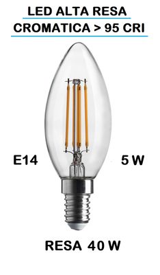 LAMPADINA LED OLIVA / FIAMMA / CANDELA LED STICK E14 5W (RESA 40W) LUCE CALDA 2700K WIRELED A FILAMENTO TRASPARENTE CON RESA CROMATICA MAGGIORE A >95 CRI