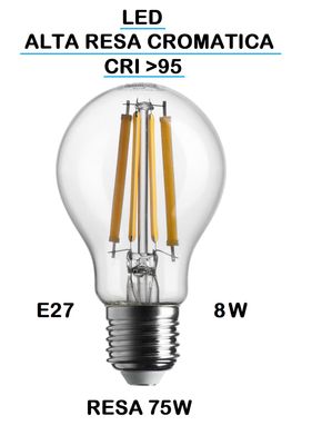 LAMPADINA LED GOCCIA / PERA LED STICK E27 8W (RESA 75W) LUCE CALDA 2700K WIRELED A FILAMENTO TRASPARENTE CON RESA CROMATICA MAGGIORE A >95 CRI