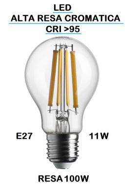 LAMPADINA LED GOCCIA / PERA LED STICK E27 11W (RESA 100W) LUCE CALDA 2700K WIRELED A FILAMENTO TRASPARENTE CON RESA CROMATICA MAGGIORE A >95 CRI