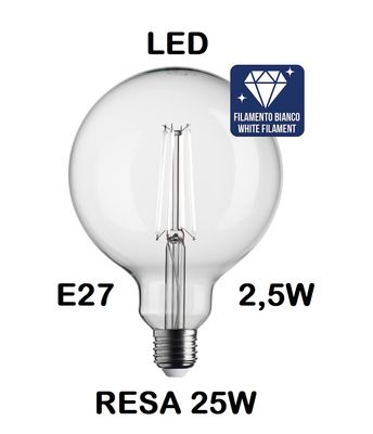 LAMPADINA LED GLOBO DIAMETRO 125mm LED STICK E27 2,5W (RESA 25W) LUCE CALDA 3000K WIRELED FILAMENTO BIANCO TRASPARENTE G125