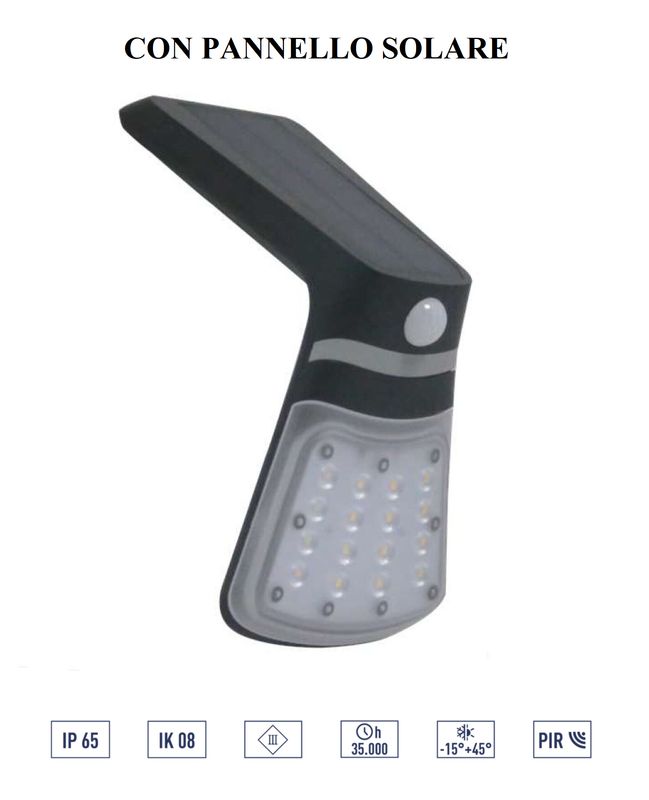 LAMPADA A PARETE CON PANNELLO SOLARE, SENSORE CREPUSCOLARE E RILEVATORE DI PRESENZA PIR NON RICHIEDE COLLEGAMENTO A RETE ELETTRICA - ON OFF AUTOMATICO LAMPADA A PARETE CON PANNELLO SOLARE, SENSORE CREPUSCOLARE E RILEVATORE DI PRESENZA PIR NON RICHIEDE COLLEGAMENTO A RETE ELETTRICA - ON OFF AUTOMATICO