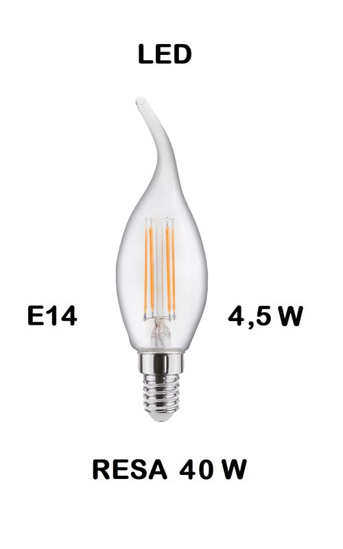 LAMPADINA LED COLPO DI VENTO / FIOCCO / FIAMMA LED STICK E14   4,5W (RESA 40W) LUCE CALDA 2700K WIRELED A FILAMENTO