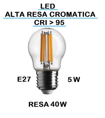 LAMPADINA LED PICCOLA - MINI SFERA / SFERETTA / MINI PALLINA LED STICK E27 5W (RESA 40W) LUCE CALDA 2700K WIRELED A FILAMENTO TRASPARENTE CON RESA CROMATICA MAGGIORE A >95 CRI