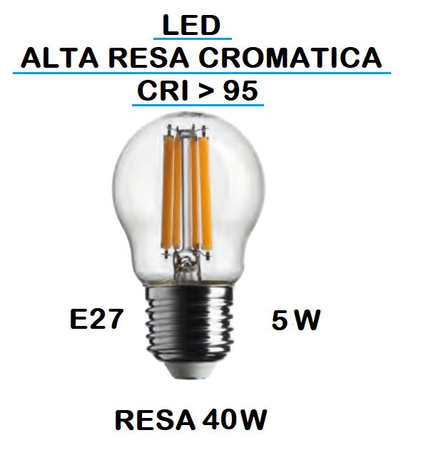 LAMPADINA LED PICCOLA - MINI SFERA / SFERETTA / MINI PALLINA LED STICK E27 5W (RESA 40W) LUCE CALDA 2700K WIRELED A FILAMENTO TRASPARENTE CON RESA CROMATICA MAGGIORE A >95 CRI