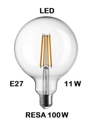 LAMPADINA LED GLOBO DIAMETRO 125mm LED STICK E27  11W (RESA 100W) LUCE CALDA 2700K WIRELED TRASPARENTE G125