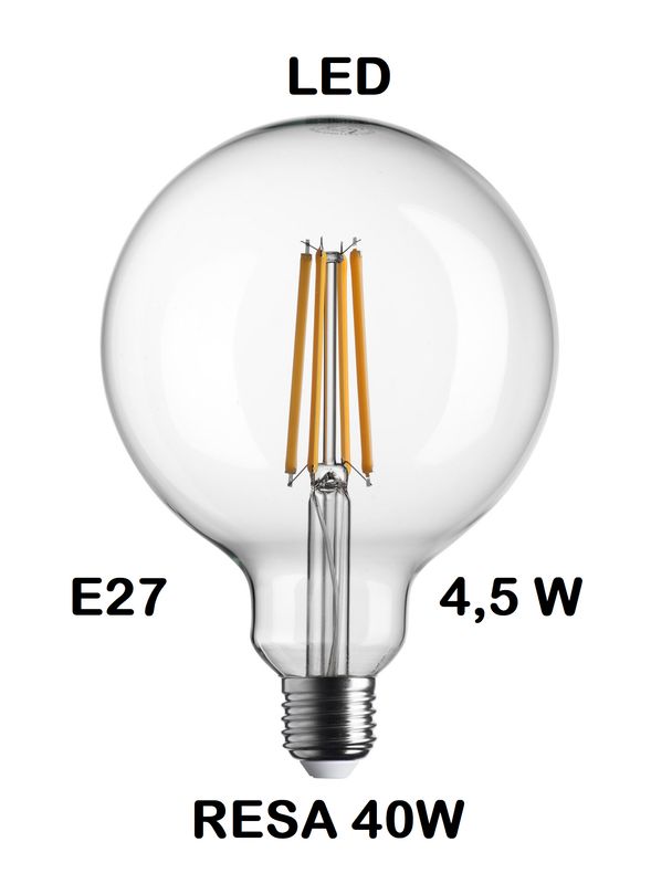 LAMPADINA LED GLOBO DIAMETRO 125mm LED STICK E27 4,5W (RESA 40W) LUCE CALDA 2700K WIRELED TRASPARENTE G125