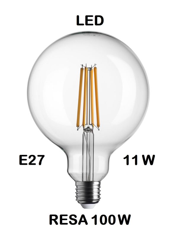LAMPADINA LED GLOBO DIAMETRO 125mm LED STICK E27  11W (RESA 100W) LUCE CALDA 2700K WIRELED TRASPARENTE G125