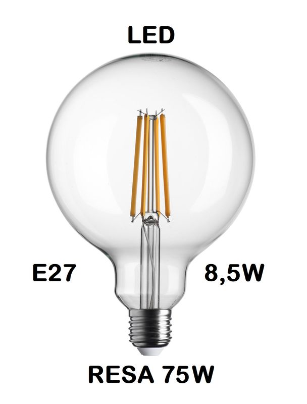 LAMPADINA LED GLOBO DIAMETRO 125mm LED STICK E27 8,5W (RESA 75W) LUCE CALDA 2700K WIRELED TRASPARENTE G125