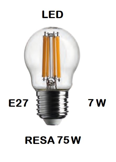 LAMPADINA LED PICCOLA - MINI SFERA / SFERETTA / PALLINA LED STICK E27 7W (RESA 75W) LUCE CALDA 2700K WIRELED A FILAMENTO TRASPARENTE