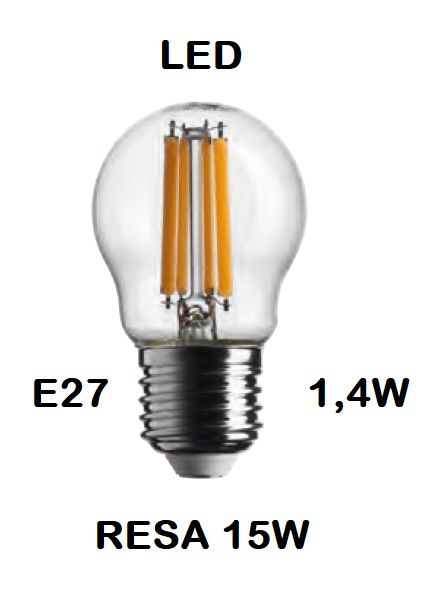 LAMPADINA LED PICCOLA - MINI SFERA / SFERETTA / PALLINA LED STICK E27 1,4W (RESA 15W) LUCE CALDA 2700K WIRELED A FILAMENTO TRASPARENTE