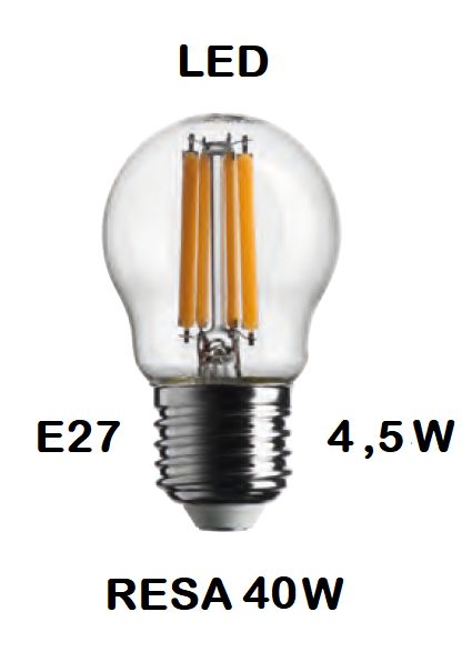 LAMPADINA LED PICCOLA - MINI SFERA / SFERETTA / PALLINA LED STICK E27 4,5W (RESA 40W) LUCE BIANCA NATURALE 4000K WIRELED A FILAMENTO TRASPARENTE