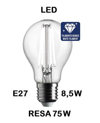 LAMPADINA LED GOCCIA / PERA LED STICK E27 8,5W (RESA 75W) LUCE CALDA 3000K WIRELED A FILAMENTO BIANCO TRASPARENTE