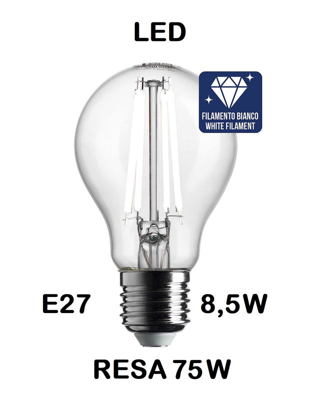 LAMPADINA LED GOCCIA / PERA LED STICK E27 8,5W (RESA 75W) LUCE CALDA 3000K WIRELED A FILAMENTO BIANCO TRASPARENTE LAMPADINA LED GOCCIA / PERA LED STICK E27 8,5W (RESA 75W) LUCE CALDA 3000K WIRELED A FILAMENTO BIANCO TRASPARENTE