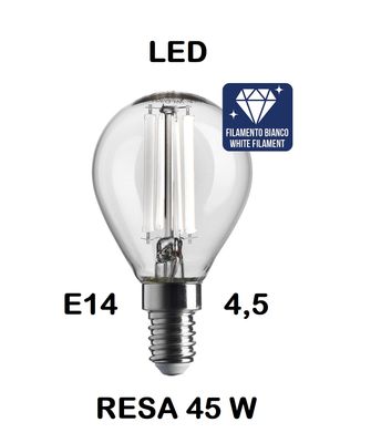 LAMPADINA LED PICCOLA - MINI SFERA / SFERETTA / PALLINA LED STICK E14 4,5 W (RESA 40W) LUCE CALDA 3000K WIRELED A FILAMENTO BIANCO TRASPARENTE