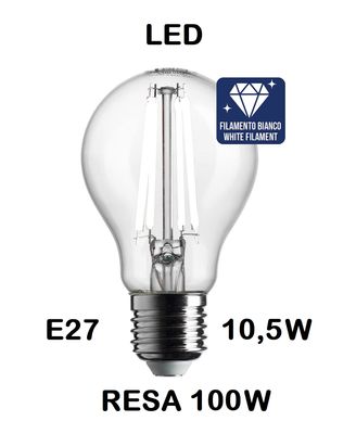 LAMPADINA LED GOCCIA / PERA LED STICK E27 10,5W (RESA 100W) LUCE CALDA 3000K WIRELED A FILAMENTO BIANCO TRASPARENTE