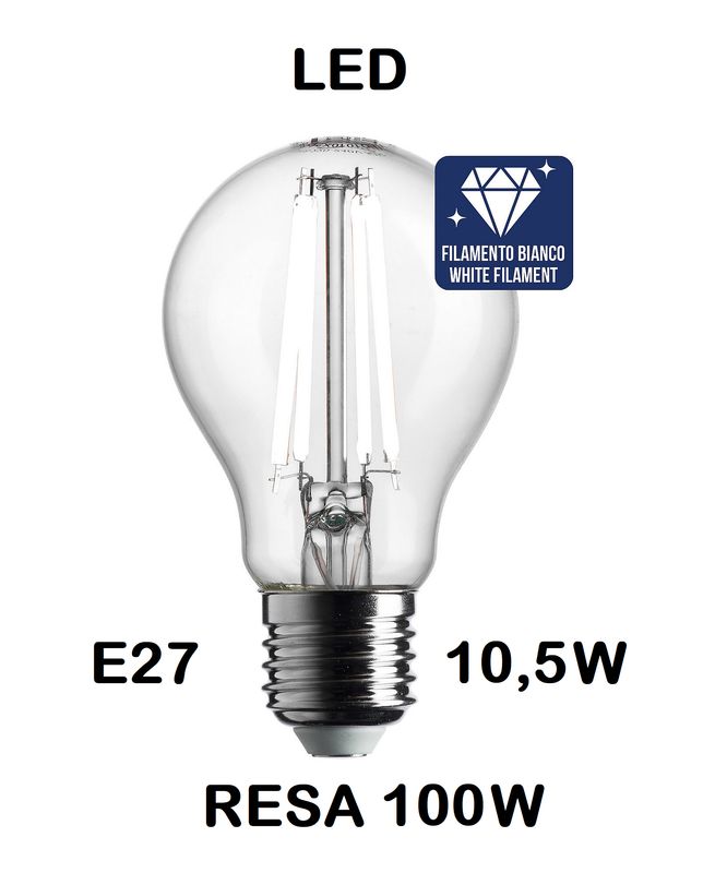 LAMPADINA LED GOCCIA / PERA LED STICK E27 10,5W (RESA 100W) LUCE CALDA 3000K WIRELED A FILAMENTO BIANCO TRASPARENTE LAMPADINA LED GOCCIA / PERA LED STICK E27 10,5W (RESA 100W) LUCE CALDA 3000K WIRELED A FILAMENTO BIANCO TRASPARENTE