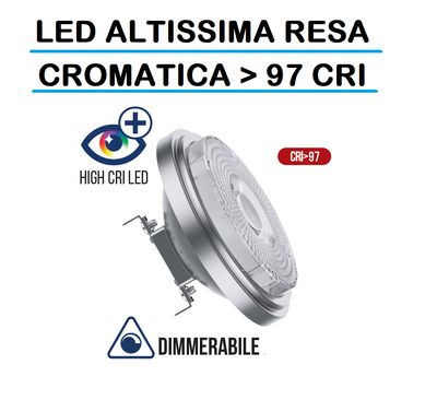 LED ATTACCO G53 13W DIMMERABILE 12V AC/DC LUCE CALDA - AR111 AD ALTA RESA CROMATICA CRI>97 COLORI MOLTO VIVIDI FARETTO LED