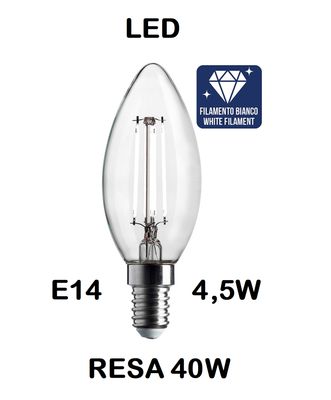 LAMPADINA LED OLIVA / FIAMMA / CANDELA LED STICK E14 4,5W (RESA 40W) LUCE CALDA 3000K WIRELED A FILAMENTO BIANCO TRASPARENTE