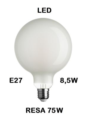 LAMPADINA LED GLOBO DIAMETRO 125mm LED STICK E27 8,5W (RESA 75W)  IN VETRO SATINATO / SMERIGLIATO / SMERIGLIATA LUCE CALDA 2700K WIRELED A FILAMENTO G125