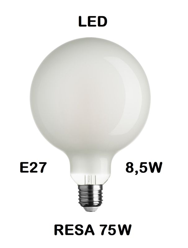 LAMPADINA LED GLOBO DIAMETRO 125mm LED STICK E27 8,5W (RESA 75W)  IN VETRO SATINATO / SMERIGLIATO / SMERIGLIATA LUCE CALDA 2700K WIRELED A FILAMENTO G125