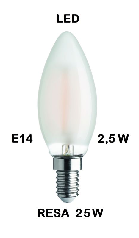 LAMPADINA LED OLIVA / FIAMMA / CANDELA LED STICK E14 2,5W (RESA 25W) IN VETRO SATINATO / SMERIGLIATO / SMERIGLIATA LUCE CALDA 2700K WIRELED A FILAMENTO
