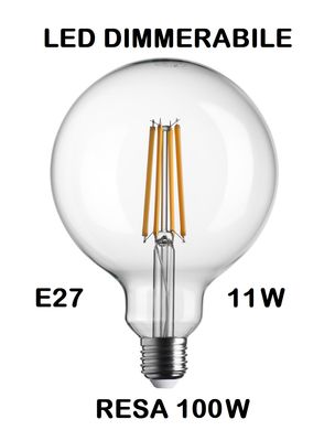 LAMPADINA LED GLOBO E27 DIMMERABILE 11W (RESA 100W) LUCE CALDA 2700K WIRELED - DIAMETRO 125mm G125 TRASPARENTE
