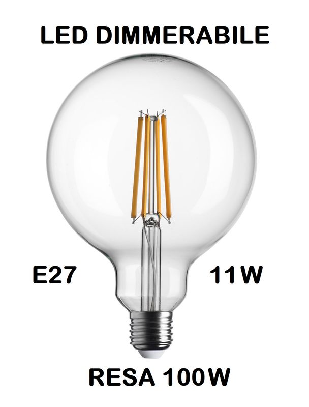 LAMPADINA LED GLOBO E27 DIMMERABILE 11W (RESA 100W) LUCE CALDA 2700K WIRELED - DIAMETRO 125mm G125 TRASPARENTE