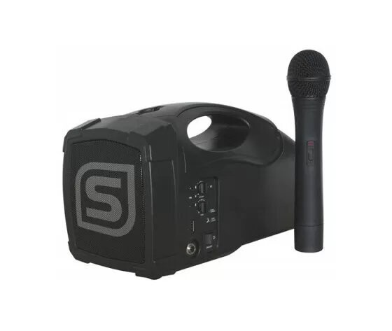 AMPLIFICATORE PORTATILE 30W CON RICEVITORE E TRASMETTITORE RADIOMICROFONICO VHF, BATTERIA RICARICABILE, TRACOLLA, PORTA USB PER RIPRODURRE FILE MP3, USCITA AUDIO PER REGSTRAZIONE ST010