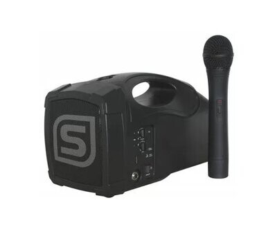 AMPLIFICATORE PORTATILE 30W CON RICEVITORE E TRASMETTITORE RADIOMICROFONICO VHF, BATTERIA RICARICABILE, TRACOLLA, PORTA USB PER RIPRODURRE FILE MP3, USCITA AUDIO PER REGSTRAZIONE ST010
