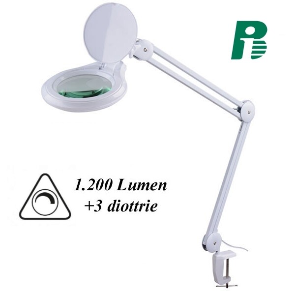 LAMPADA DA LAVORO LED CON BRACCIO A PANTOGRAFO DI PRECISIONE 1200 lumen DIMMERABILE CON LENTE INGRANDIMENTO 3 DIOTTRIE E COPERCHIO. FISSAGGIO MORSETTO A VITE