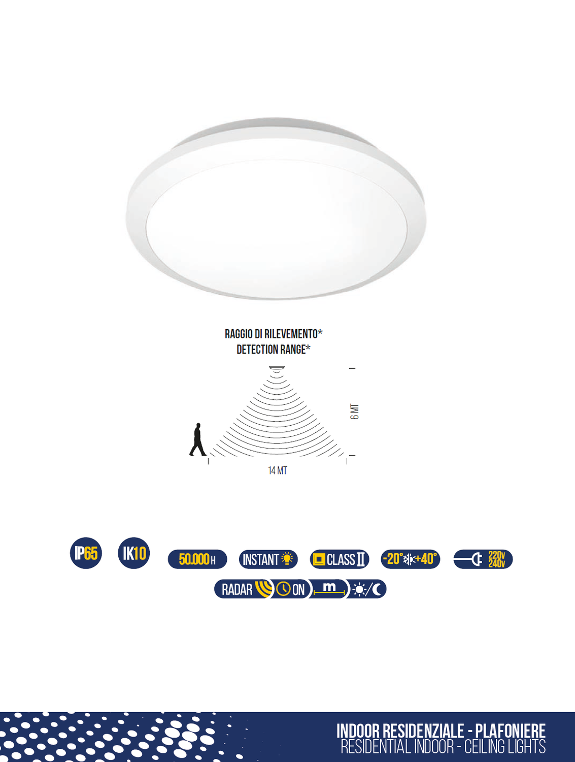 PLAFONIERA LED CON RILEVATORE RADAR DI PASSAGGIO A MICROONDE 16W 1700 LUMEN IN POLICARBONATO IP65 AD ALTA RESISTENZA LUCE BIANCA 4000K TONDA
