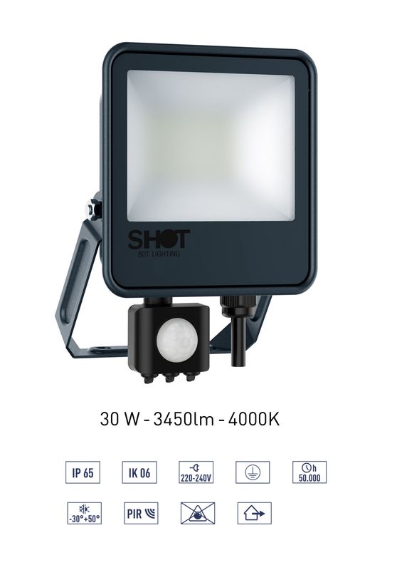 Proiettore 30W 3450 lumen a LED slim con tecnologia Driver On Board (DOB) e Sensore PIR - Alta efficienza - Corpo in alluminio verniciato e diffusore in vetro temperato