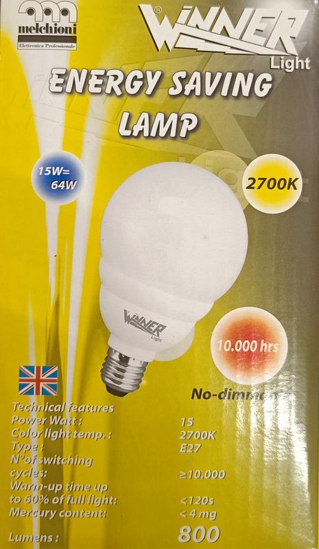 LAMPADINA E27 BASSO CONSUMO 15W (RESA 64W) LUCE CALDA 2700K A RISPARMIO ENERGETICO