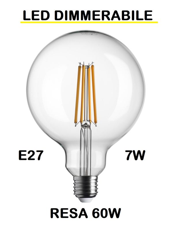 LAMPADINA LED GLOBO E27 7W (RESA 60W) LUCE CALDA 2700K WIRELED - DIAMETRO 125mm G125 TRASPARENTE DIMMERABILE LAMPADINA LED GLOBO E27 7W (RESA 60W) LUCE CALDA 2700K WIRELED - DIAMETRO 125mm G125 TRASPARENTE DIMMERABILE