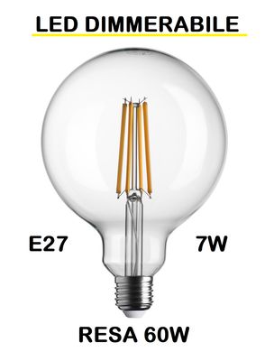 LAMPADINA LED GLOBO E27 7W (RESA 60W) LUCE CALDA 2700K WIRELED - DIAMETRO 125mm G125 TRASPARENTE DIMMERABILE LAMPADINA LED GLOBO E27 7W (RESA 60W) LUCE CALDA 2700K WIRELED - DIAMETRO 125mm G125 TRASPARENTE DIMMERABILE