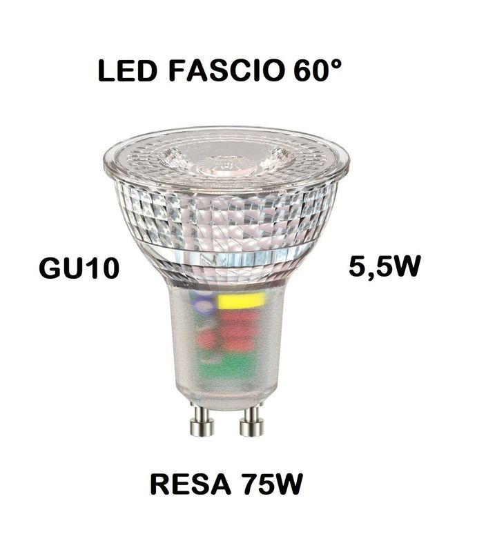 LAMPADINA FARETTO GU10 LED 5,5W (RESA 75W) LUCE BIANCO CALDA 3000K APERTURA 60° TUTTO VETRO ALL GLASS