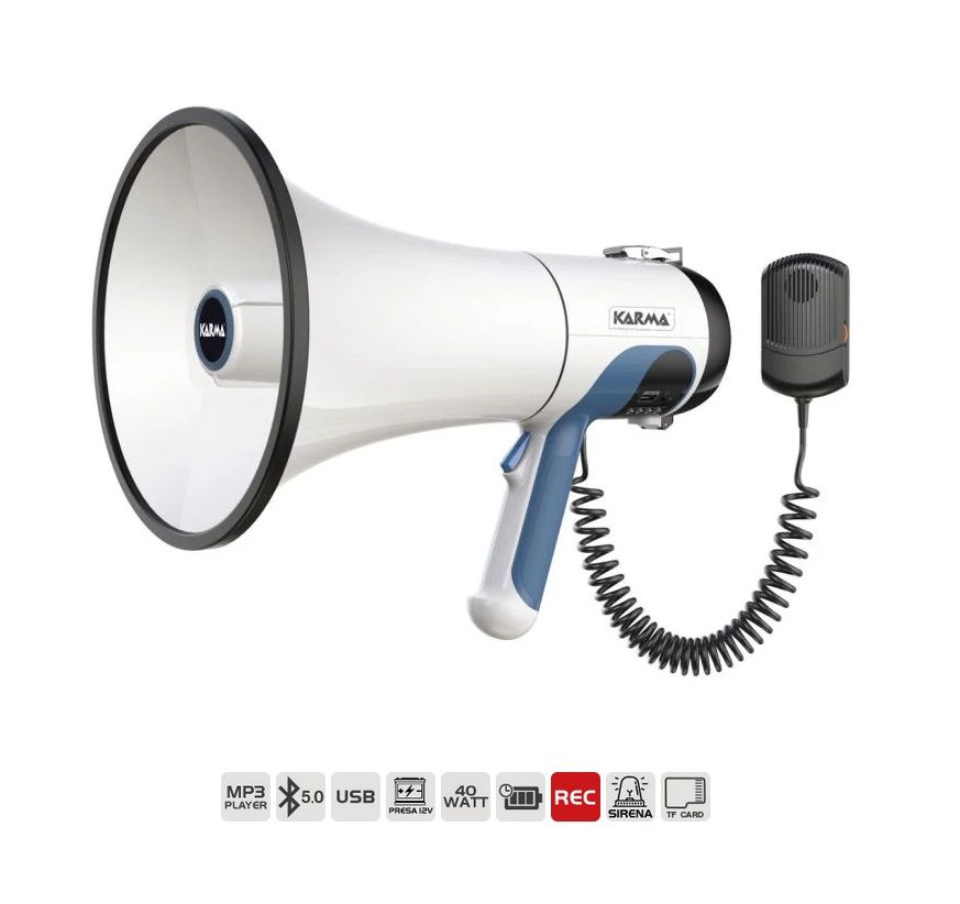 MEGAFONO DI GRANDE POTENZA GT 1232BT 40W UDIBILE OLTRE 1 KM DI DISTANZA. CON MICROFONO A CAVO SPIRALATO. REGISTRAZIONE MESSAGGI FINO A 15 MIN ANCHE TRAMITE BLUETOOTH - RICARICABILE