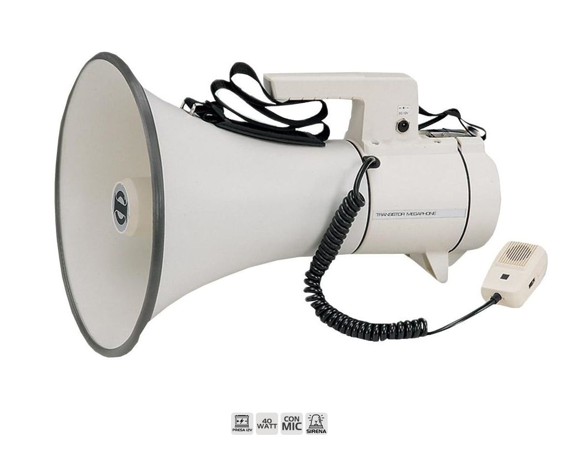 GT 1229 GRANDE TROMBA ESPONENZIALE THUNDER: POTENTE AMPLIFICATORE DA 40W - BATTERIA AUTONOMIA DI CIRCA 5/7 ORE E POSSIBILITA' COLLEGARE AD ALIMENTAZIONE ESTERNA 12V - ADATTA PER GRANDI AREE