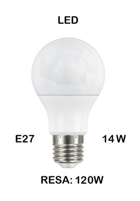 LAMPADINA LED E27 14W (RESA 120W) LUCE FREDDA / GHIACCIO 6500K OPALE GOCCIA / PERA OPALE SMD A60