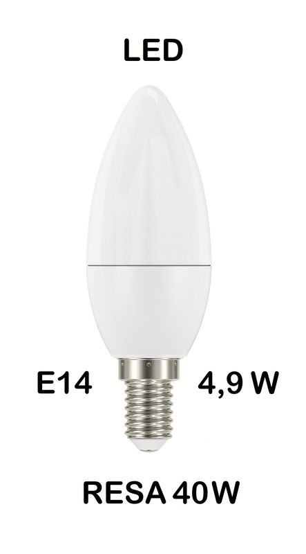 LAMPADINA LED E14  4,9W (RESA 40W) LUCE FREDDA / GHIACCIO 6500K OLIVA / FIAMMA / CANDELA OPALE SMD